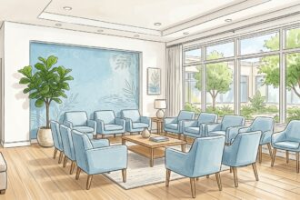 Hand-drawn illustration of a bright behavioral health clinic waiting room in light blue tones