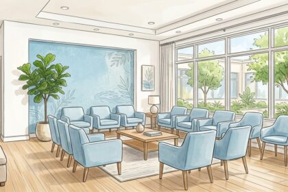Hand-drawn illustration of a bright behavioral health clinic waiting room in light blue tones