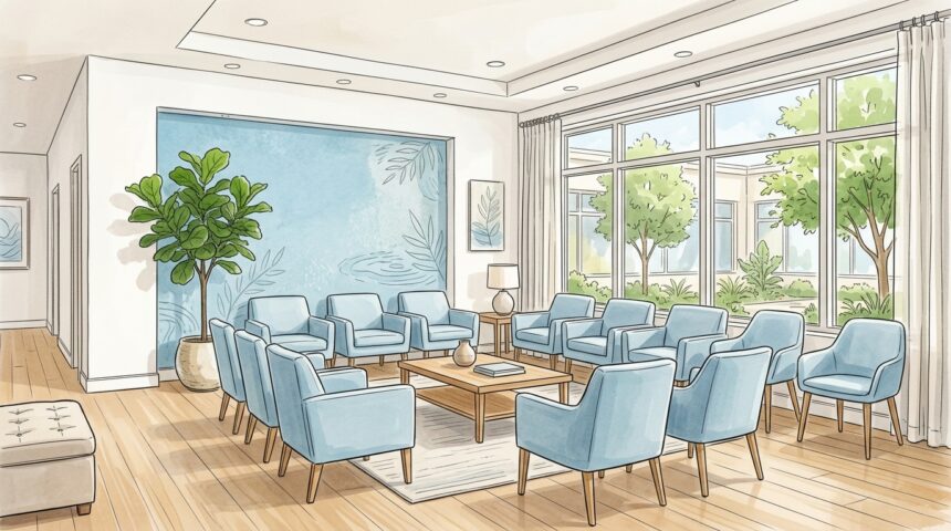 Hand-drawn illustration of a bright behavioral health clinic waiting room in light blue tones