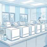 Hand-drawn illustration of a bright laboratory with plain unmarked analytical instruments