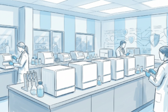 Hand-drawn illustration of a bright laboratory with plain unmarked analytical instruments