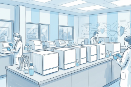 Hand-drawn illustration of a bright laboratory with plain unmarked analytical instruments