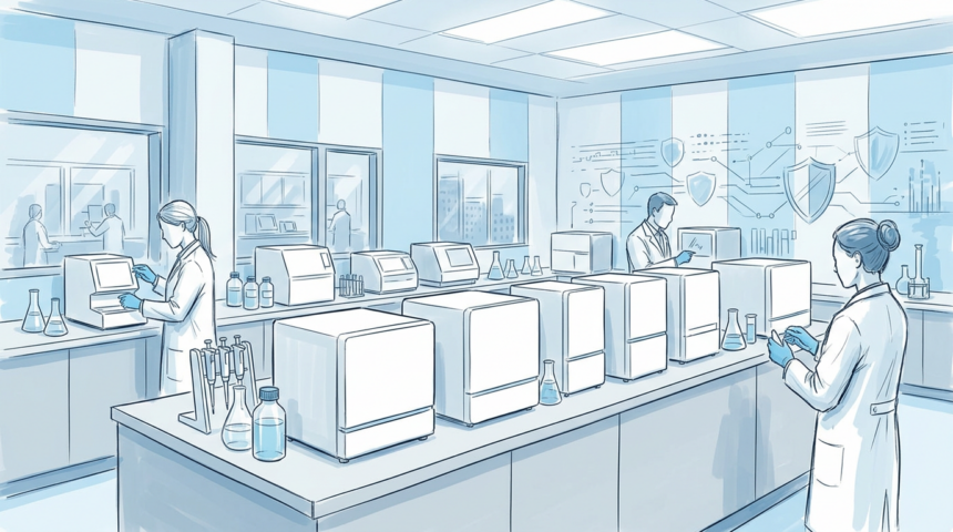 Hand-drawn illustration of a bright laboratory with plain unmarked analytical instruments