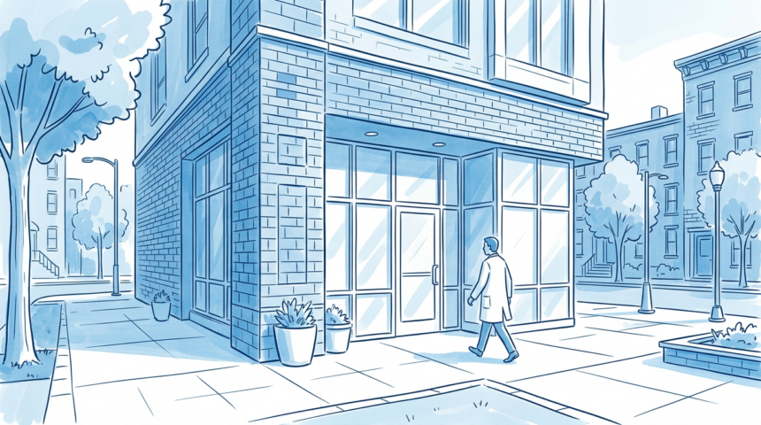 Community health clinic building exterior in a Boston neighborhood