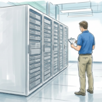 Technician beside plain unmarked server racks in a clean data center