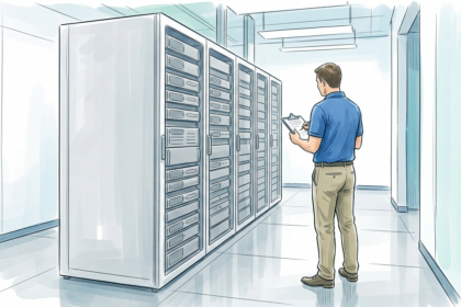 Technician beside plain unmarked server racks in a clean data center