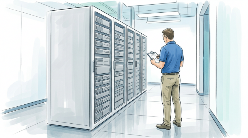 Technician beside plain unmarked server racks in a clean data center