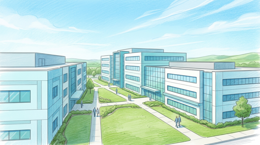 Corporate medical campus with three connected office buildings