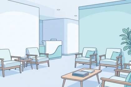 Bright modern mental health support center waiting area