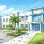 Hand-drawn illustration of a Florida family services agency office building with envelopes on the walkway