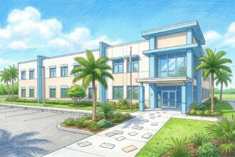Hand-drawn illustration of a Florida family services agency office building with envelopes on the walkway