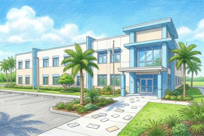 Hand-drawn illustration of a Florida family services agency office building with envelopes on the walkway