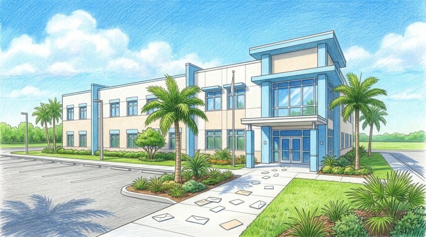 Hand-drawn illustration of a Florida family services agency office building with envelopes on the walkway