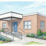 Hand-drawn illustration of a nonprofit care facility building with an accessibility ramp