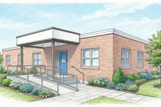 Hand-drawn illustration of a nonprofit care facility building with an accessibility ramp