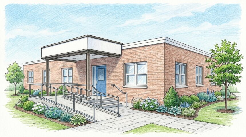 Hand-drawn illustration of a nonprofit care facility building with an accessibility ramp