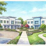 Hand-drawn illustration of two medical office buildings on a healthcare campus