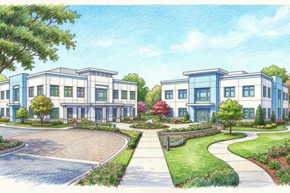 Hand-drawn illustration of two medical office buildings on a healthcare campus