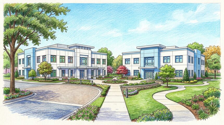 Hand-drawn illustration of two medical office buildings on a healthcare campus