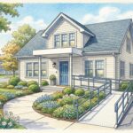 Hand-drawn illustration of a home healthcare agency office with a wheelchair ramp