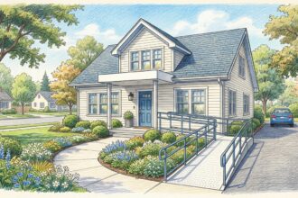 Hand-drawn illustration of a home healthcare agency office with a wheelchair ramp