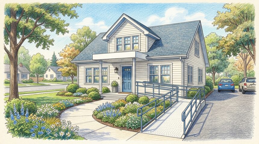 Hand-drawn illustration of a home healthcare agency office with a wheelchair ramp