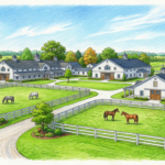 Hand-drawn illustration of an equine hospital campus with horses in paddocks