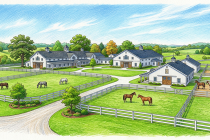 Hand-drawn illustration of an equine hospital campus with horses in paddocks