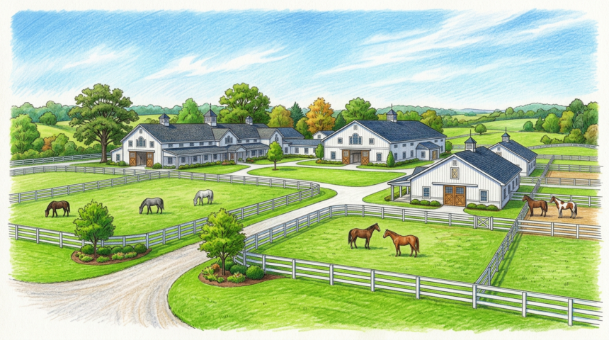 Hand-drawn illustration of an equine hospital campus with horses in paddocks
