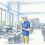 Technician inspecting a medical device component in a bright manufacturing facility