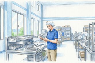 Technician inspecting a medical device component in a bright manufacturing facility