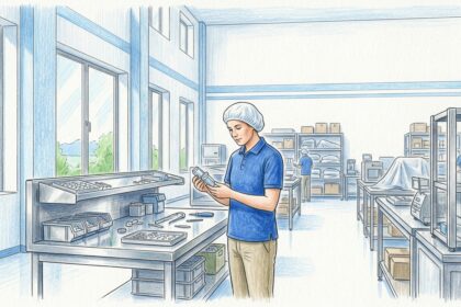 Technician inspecting a medical device component in a bright manufacturing facility