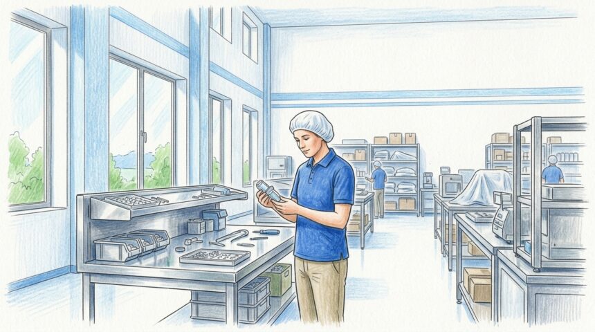 Technician inspecting a medical device component in a bright manufacturing facility