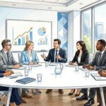 Healthcare executives meeting around a conference table with an abstract whiteboard chart