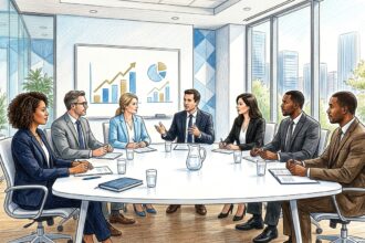 Healthcare executives meeting around a conference table with an abstract whiteboard chart
