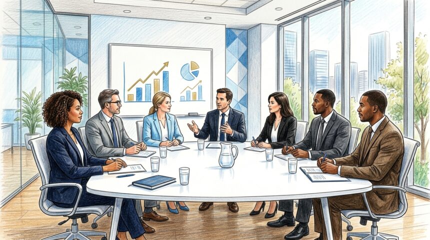 Healthcare executives meeting around a conference table with an abstract whiteboard chart