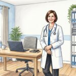Clinician in a white coat standing in a bright modern GP practice office