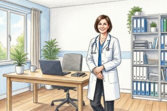 Clinician in a white coat standing in a bright modern GP practice office
