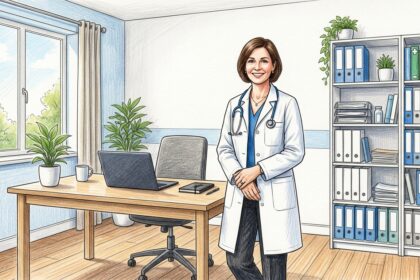 Clinician in a white coat standing in a bright modern GP practice office