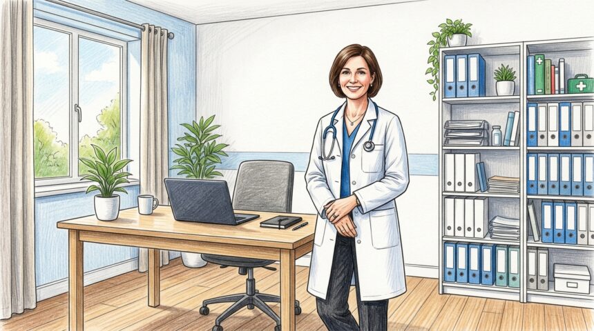 Clinician in a white coat standing in a bright modern GP practice office