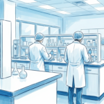 Bright pharmaceutical research laboratory with scientists at work