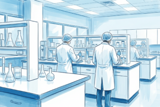 Bright pharmaceutical research laboratory with scientists at work