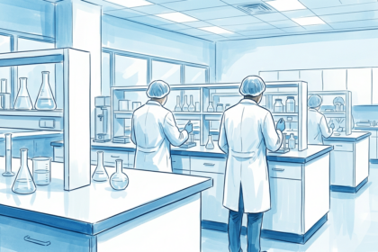 Bright pharmaceutical research laboratory with scientists at work