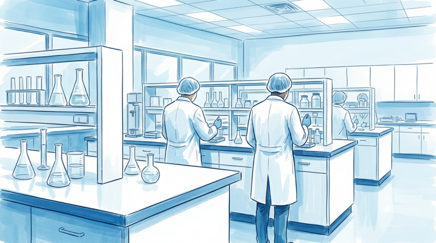Bright pharmaceutical research laboratory with scientists at work