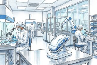 Cleanroom lab with a sleek white medical device for cancer therapy