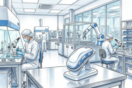 Cleanroom lab with a sleek white medical device for cancer therapy