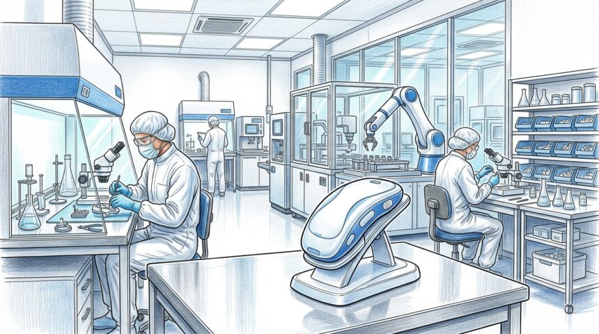 Cleanroom lab with a sleek white medical device for cancer therapy