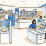 Medical billing office staff reviewing paper records at clean white desks