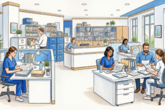Medical billing office staff reviewing paper records at clean white desks