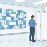 Technician in a hospital IT operations center beside a blank white server rack